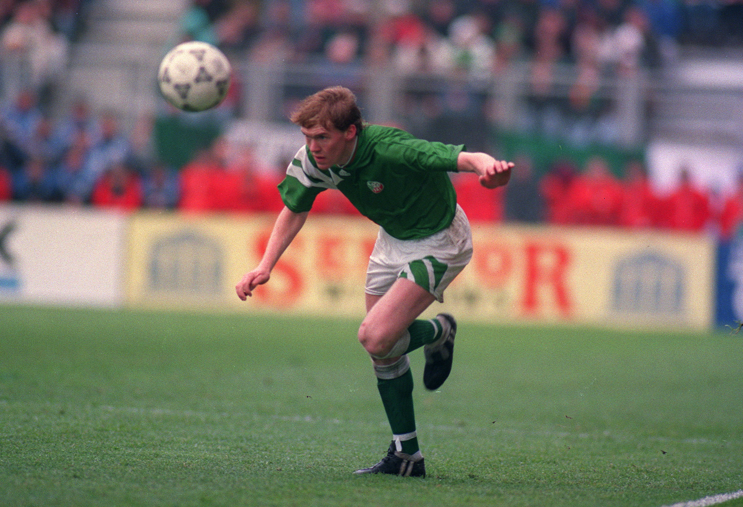 Steve Staunton in action for the Republic of Ireland against Northern Ireland in March 1993.