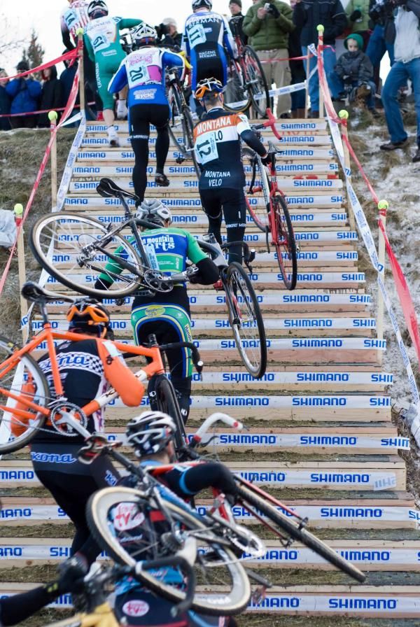 The lead group of the 44-49 Master Men ascend the Stairs