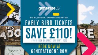 An image announcing the launch of GenerateJS on 2 April 2020. The message reads that you can save £110 if you buy before 5pm 31 January 2020.