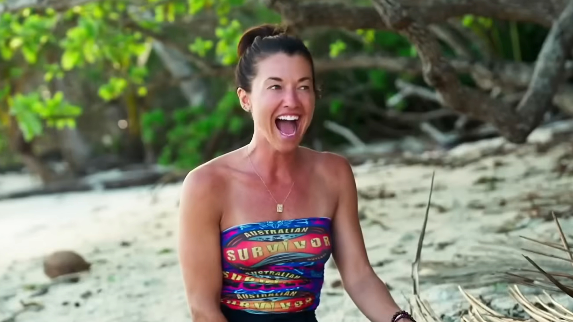 Parvati laughs while giving a confessional on Survivor.