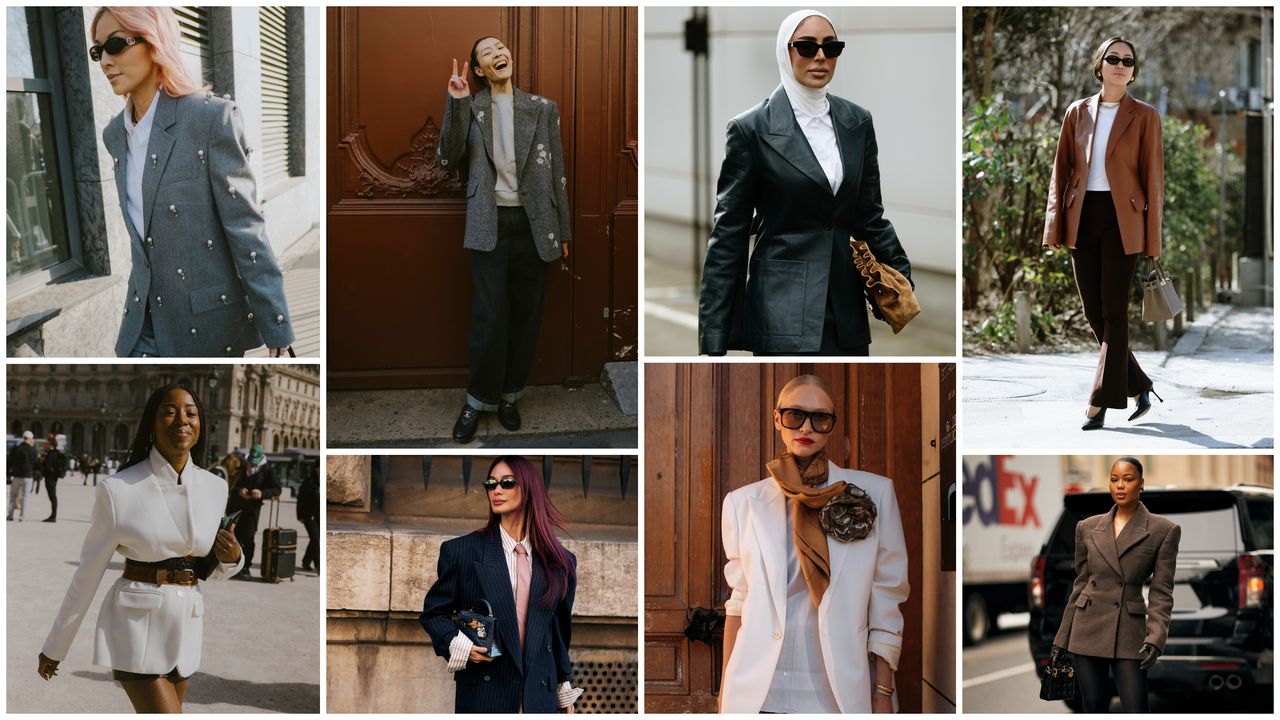 A graphic collage of women at Milan and Paris Fashion week wearing spring 2025&#039;s best blazers