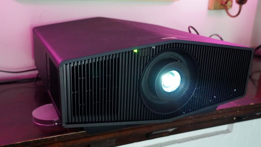 Sony Bravia Projector 7 on table bathed in purple light