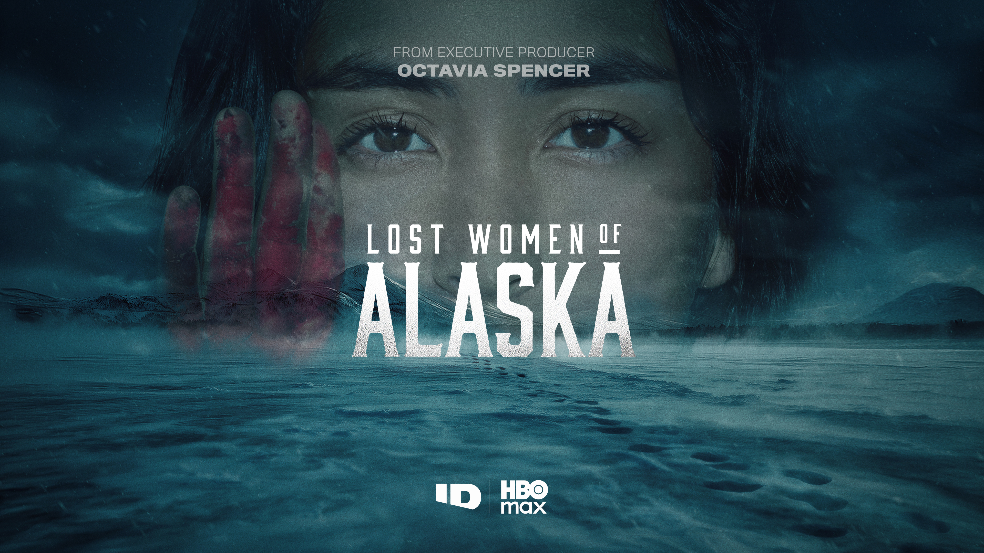 a poster for the id and hbo max docuseries lost women of alaska featuring a woman's face super imposed over a chilly snowy landscape