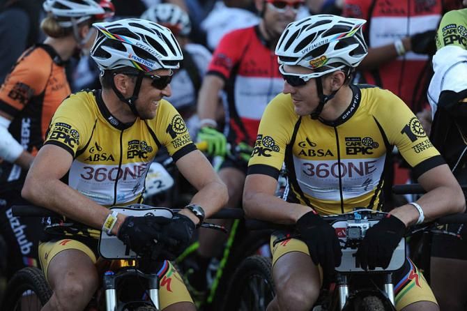 Overall race leaders, Christoph Sauser and Jaroslav Kulhavy of Team Burry Stander - Songo look relaxed before the start.