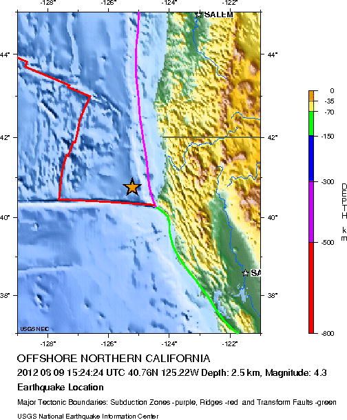 Map of Aug. 9 Northern California quake.