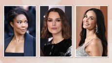 A selection of the 2025 hair trends, seen on celebrities. On the left, Gabrielle Union is pictured with a side-parting and pixie cut hairstyle at the Schiaparelli Haute Couture Spring-Summer 2025 show as part of Paris Fashion Week on January 27, 2025 in Paris, France. In the middle, Keira Knightley is pictured with soft waves and a bob hairstyle at the "Black Doves" Season One World Premiere at the BFI Southbank on December 03, 2024 in London, England. And finally, on the right Demi Moore is seen with long, wavy hair at the 97th Oscars held at the Dolby Theatre on March 2, 2025 in Hollywood, California. All pictured in a pink watercolour paint-style template