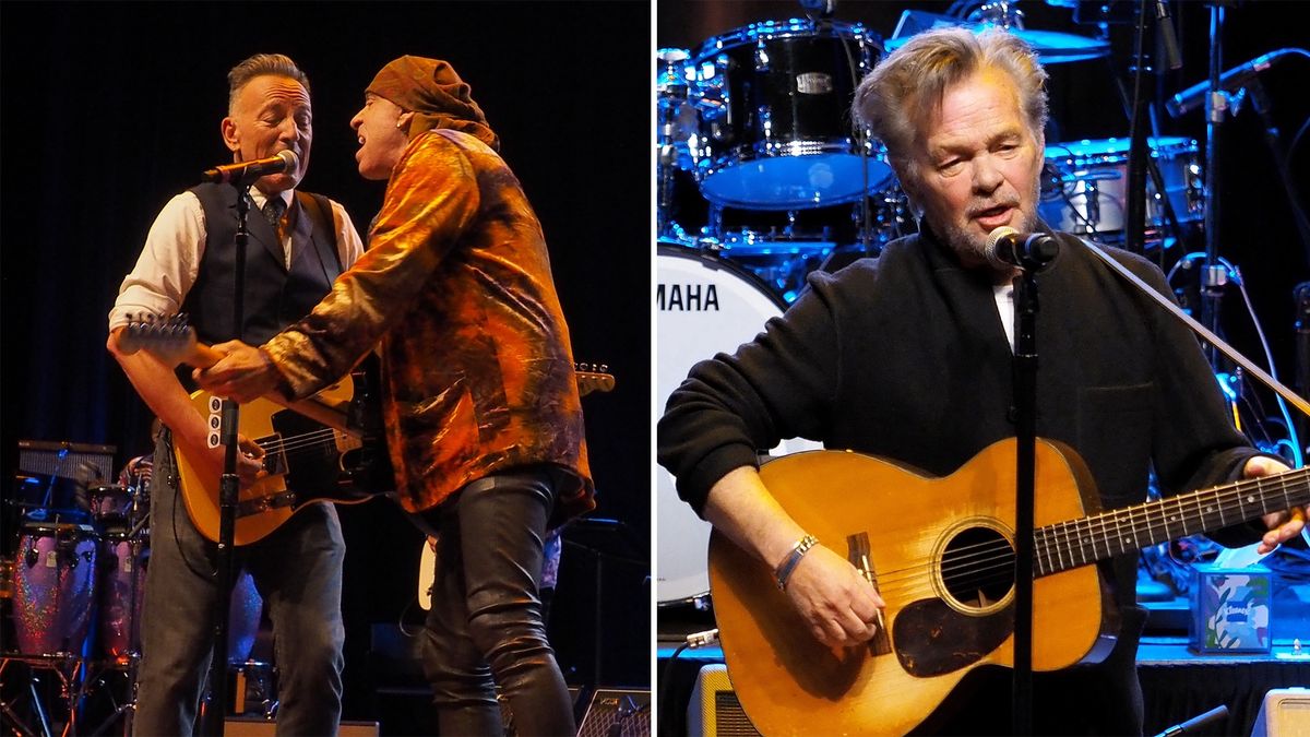 Bruce Springsteen and Stevie Van Zandt (left) and John Mellencamp perform onstage