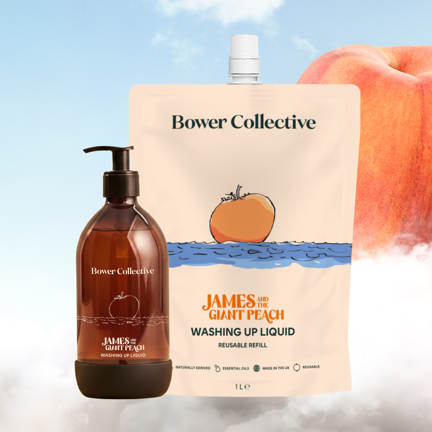 Bower Washing Up Liquid - James and the Giant Peach - Reusable Bottle (500ml) &amp;amp; Refill (1l)