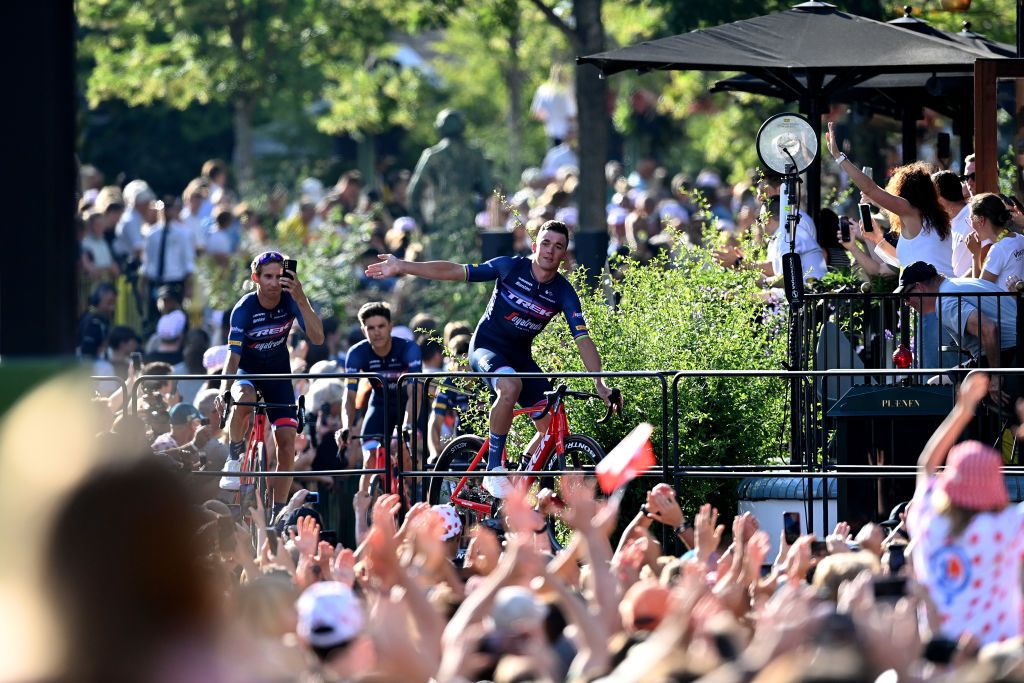 COPENHAGEN DENMARK JUNE 29 Mads Pedersen of Denmark and Team Trek Segafredo with teammates during the Team Presentation of the 109th Tour de France 2022 at Tivoli Gardens in Copenhagen City TDF2022 on June 29 2022 in Copenhagen Denmark Photo by Stuart FranklinGetty Images
