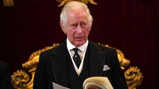 King Charles III reacts during his proclamation as King
