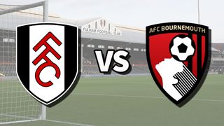 The Fulham and AFC Bournemouth club badges on top of a photo of Craven Cottage in London, England