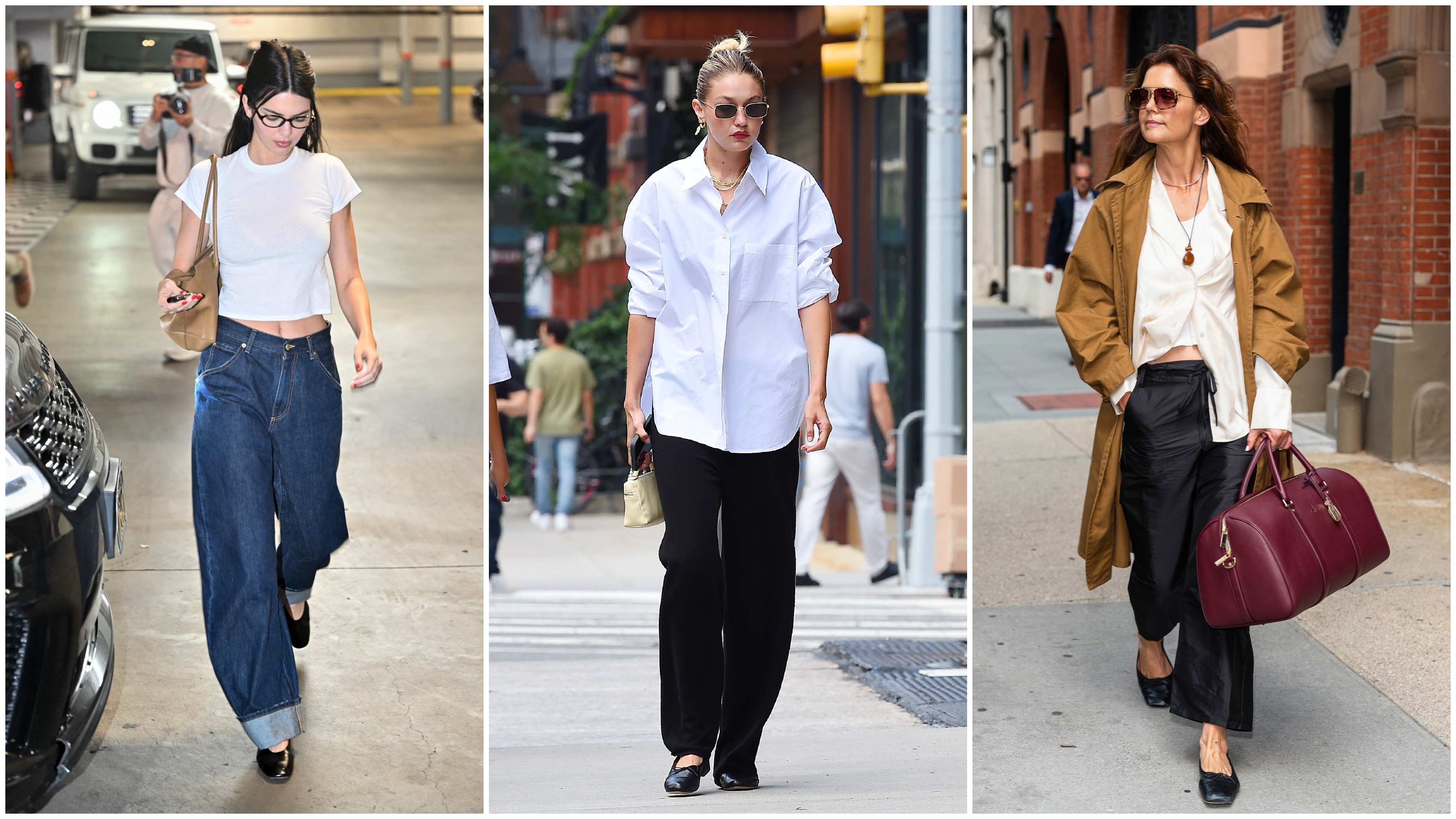 collage of Kendall Jenner, Gigi Hadid, and Katie Holmes