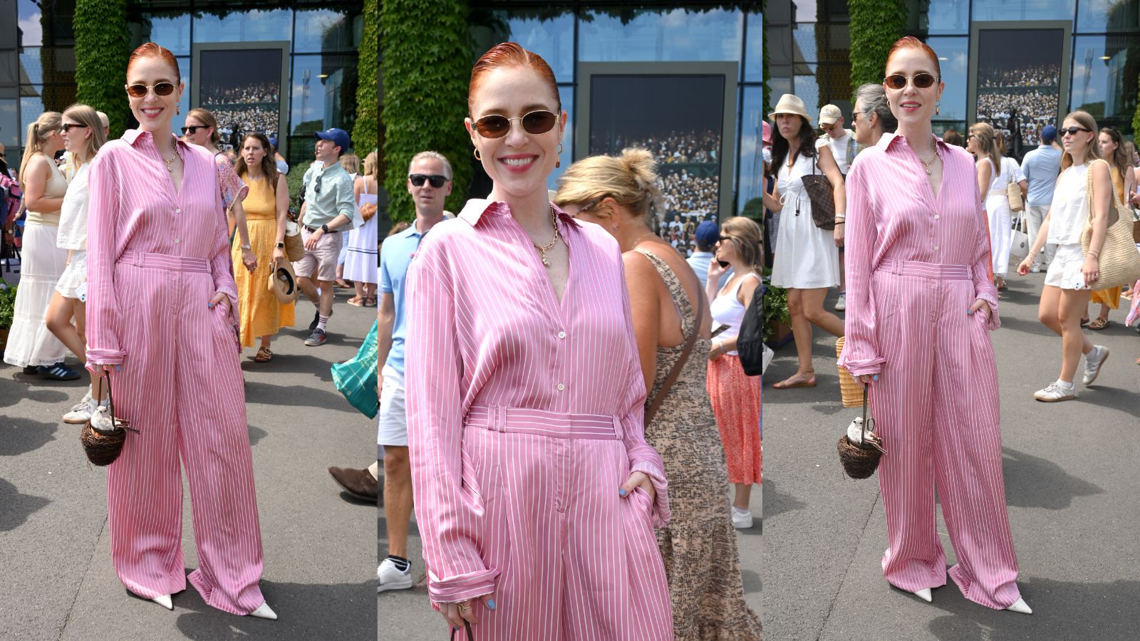 Angela Scanlon wearing pink and white at Wimbledon