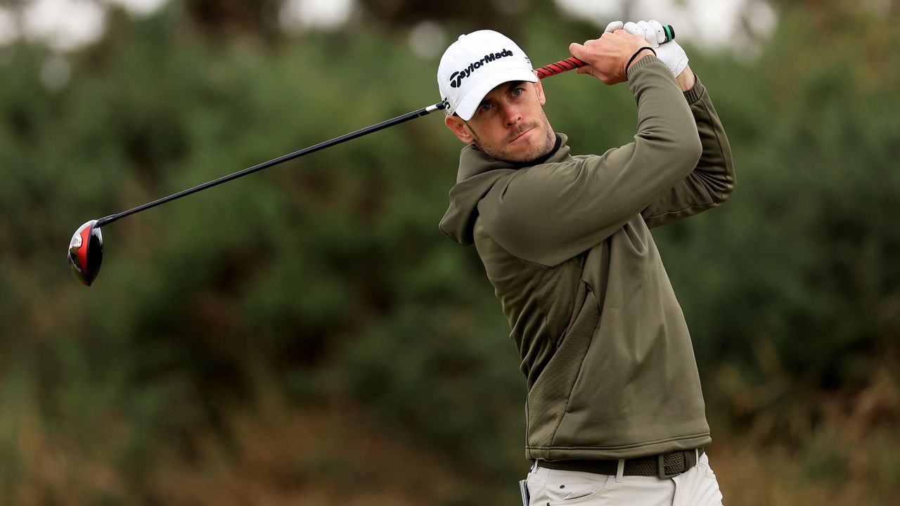 Gareth Bale tees off on the first hole during Day Two of the Alfred Dunhill Links Championship at Kingsbarns Golf Links 