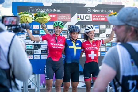 Women's cross-country short track podium in Lenzerheide (L to R): Alessandra Keller in second, winner Jenny Rissveds and third-placed Jolanda Neff