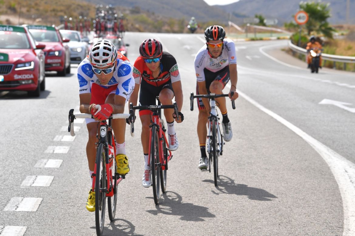 Luis Angel Mate (Cofidis) in the mountains jersey leads the breakaway