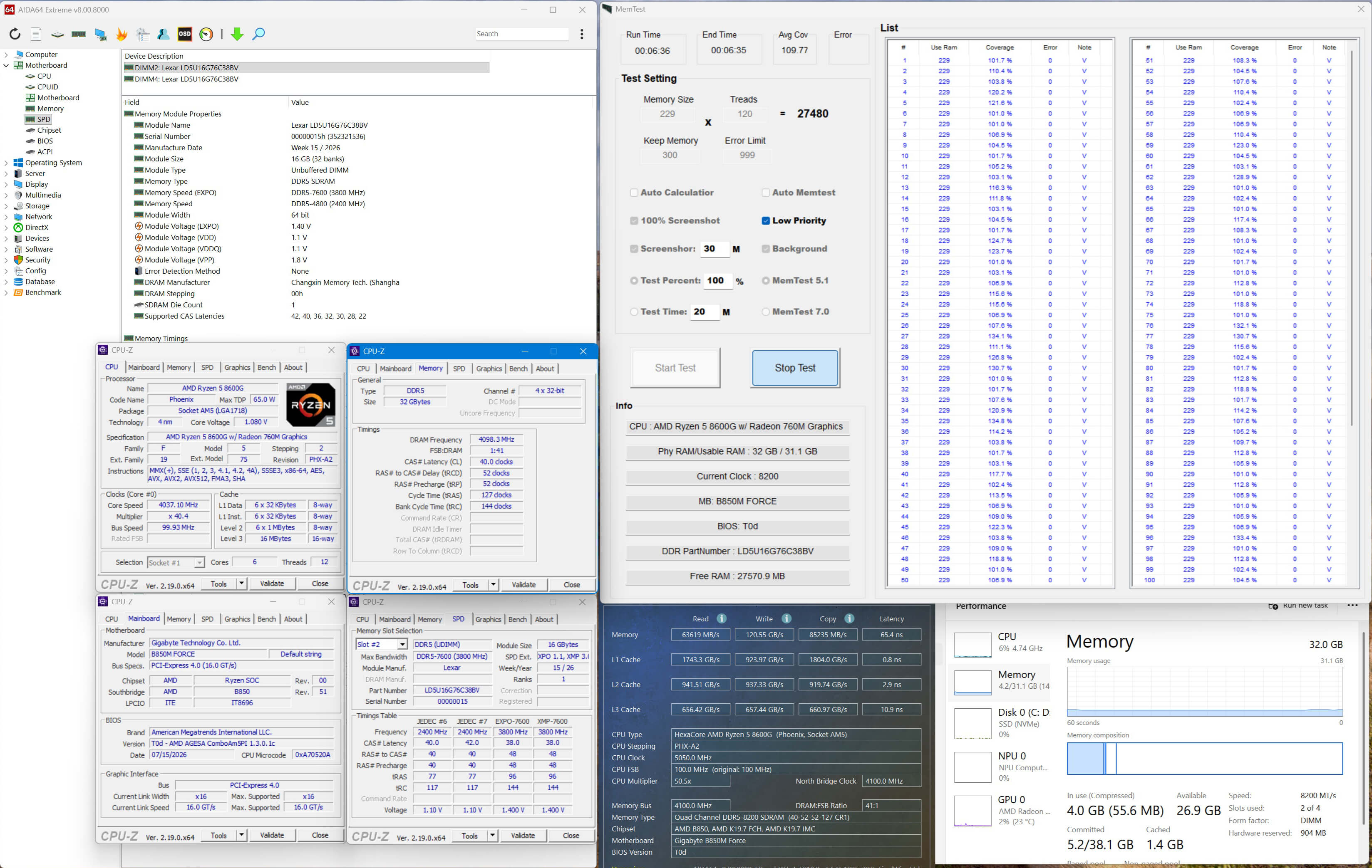 A composite screenshot showing many windows displaying memory overclocking success.