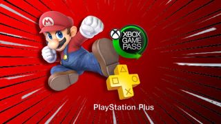 Mario kicking the Xbox Game Pass and PS Plus logos