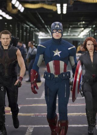 Jeremy Renner, Chris Evans and Scarlett Johansson in The Avengers.