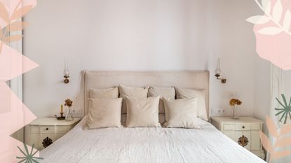 An image of a bed with beige bed linen, overlaid with whimsical illustrations to illustrate a guide on what is the best thread count for sheets?