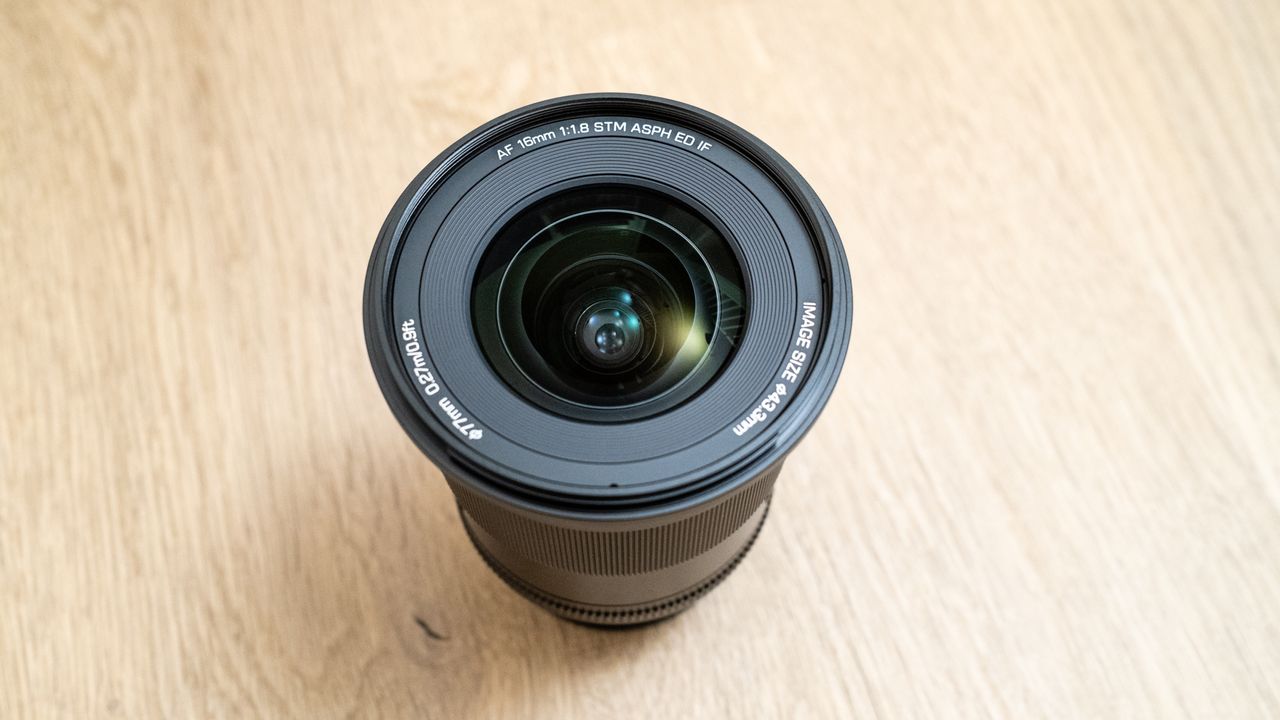 Viltrox AF 16mm f/1.8 FE front element and 77mm filter thread