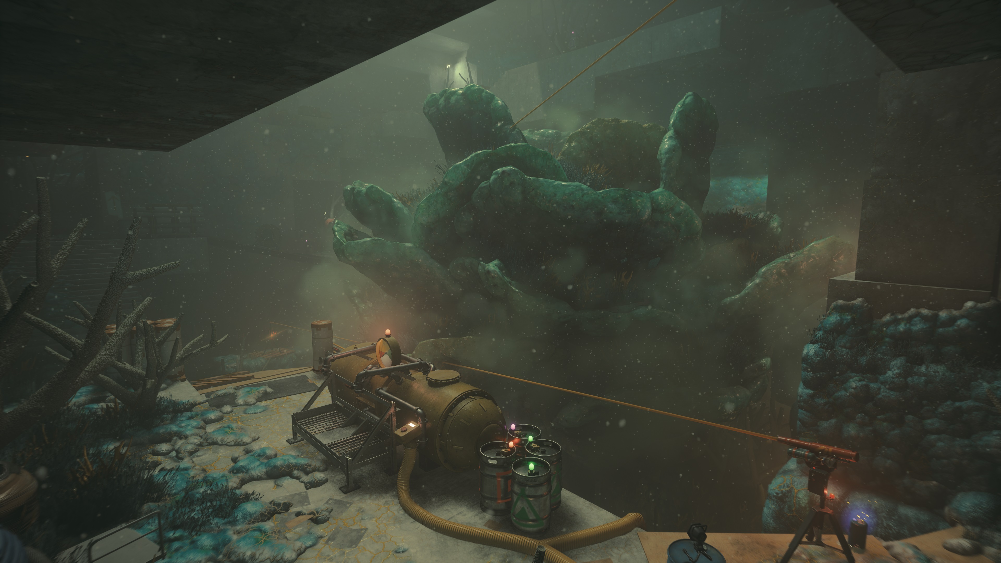 An austere room of brutalist concrete is overgrown with vast, green clusters of mould.