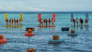 Survivor Season 47 cast competes in the first Episode challenge on platforms in the water. 