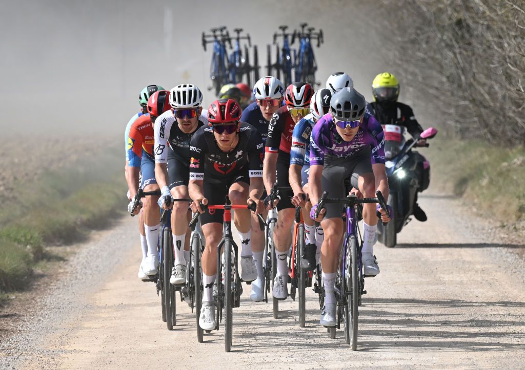 SIENA ITALY MARCH 08 LR Fabian Weiss of Switzerland and Tudor Pro Cycling Team and Anders Foldager of Denmark and Team JaycoAlUla compete in the breakaway during the 19th Strade Bianche 2025 Mens Elite a 213km one day race from Siena to Siena 320m UCIWT on March 08 2025 in Siena Italy Photo by Tim de WaeleGetty Images