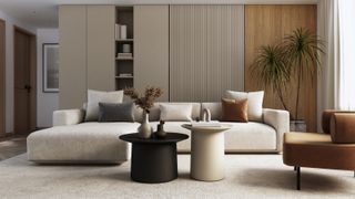 living room with cream and brown colour scheme, curved sofas, chairs, circular coffee tables and slatted storage on wall behind sofa