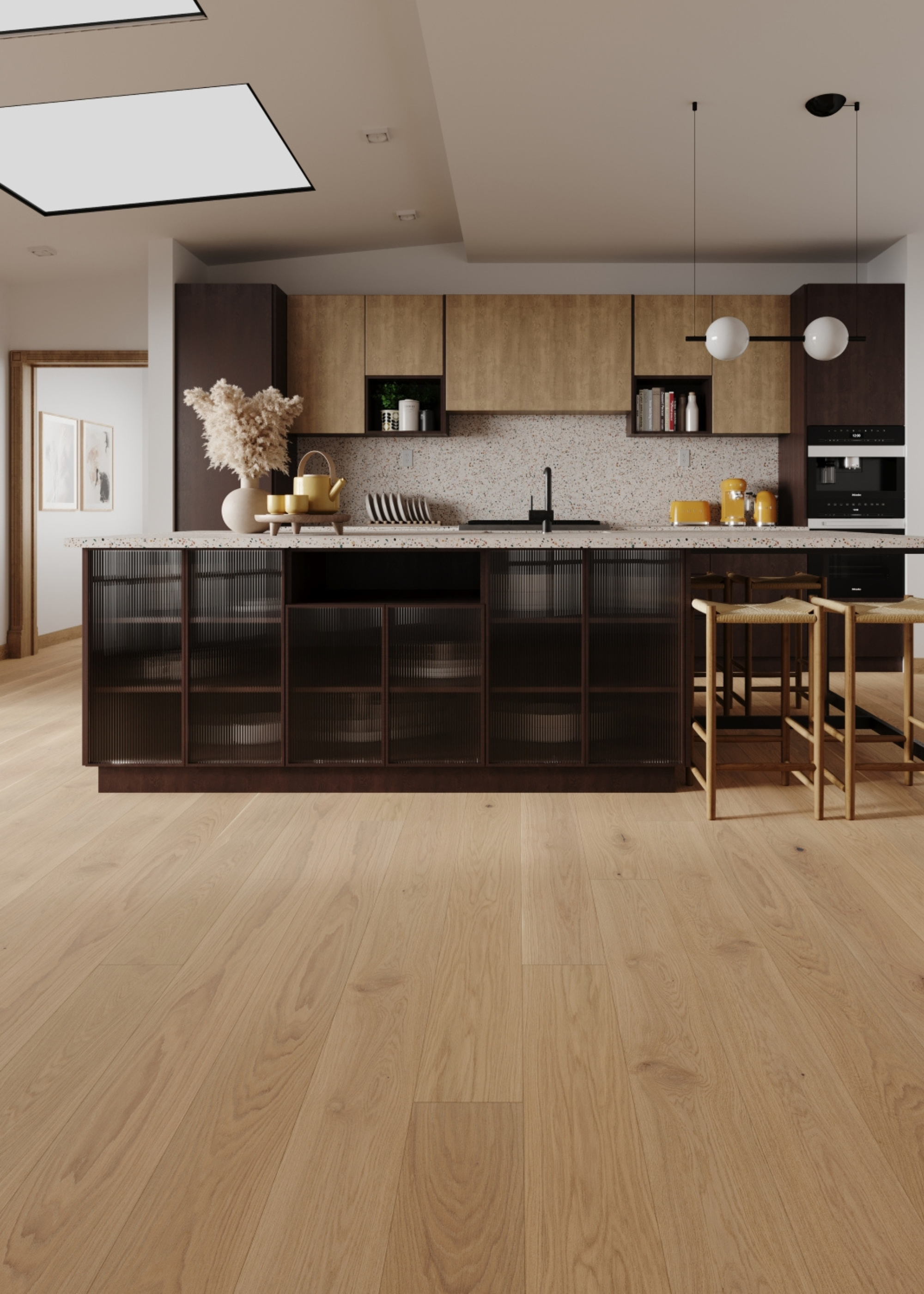 A modern kitchen in black glass and wood with a wood flooring to match the cabinetry