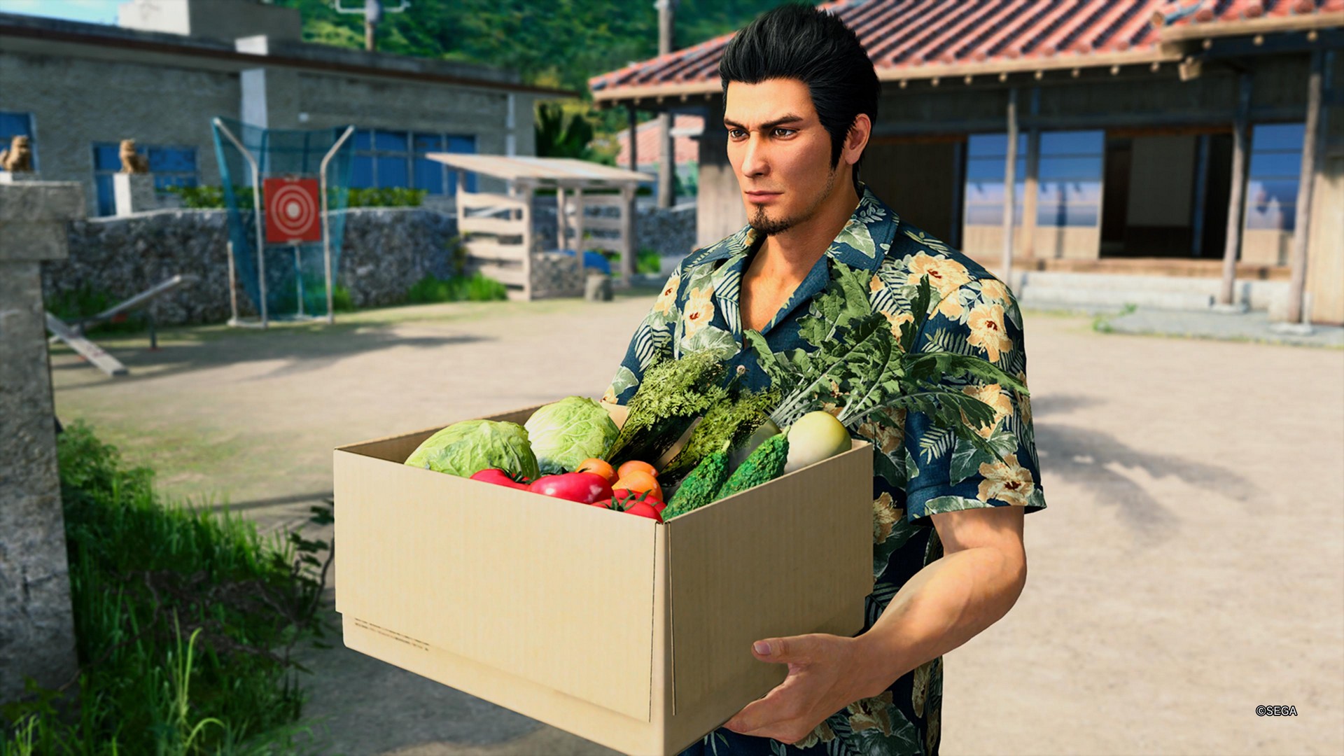 Kiryu delivers a box of vegetables in Yakuza Kiwami 3 &amp;amp; Dark Ties