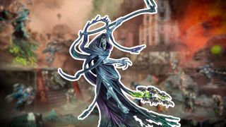 A hooded, flying figure wielding a scythe roars against a blurred background, which includes numerous warriors on a battlefield