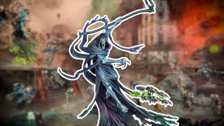 A hooded, flying figure wielding a scythe roars against a blurred background, which includes numerous warriors on a battlefield