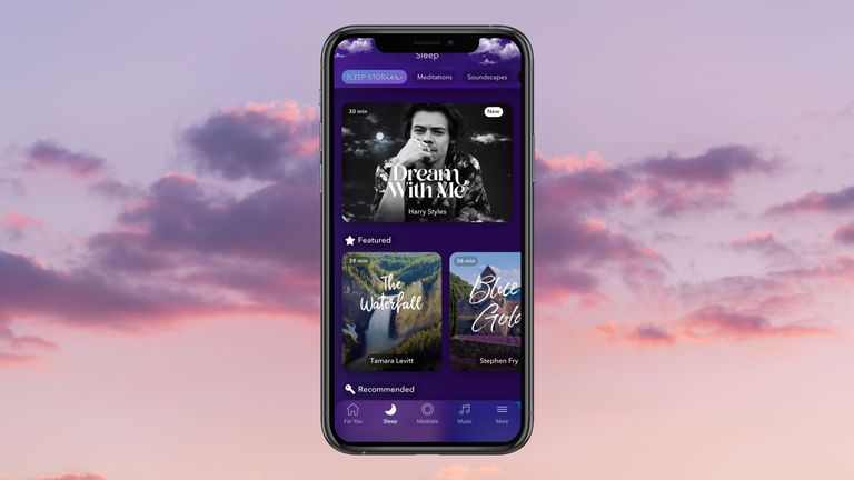 Screenshot of Harry Styles Sleep Stories on the Calm app on a cloudy sky background