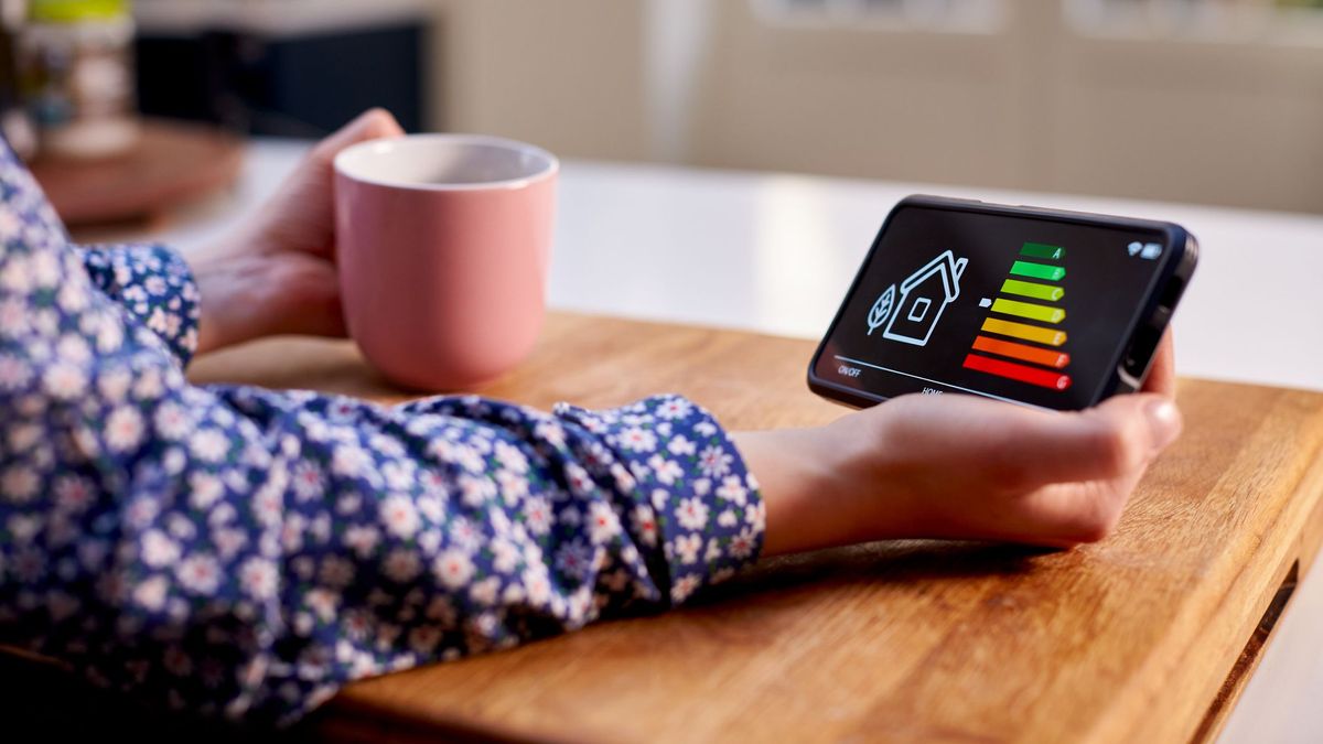 The hands of a person holding a mug and a smart meter