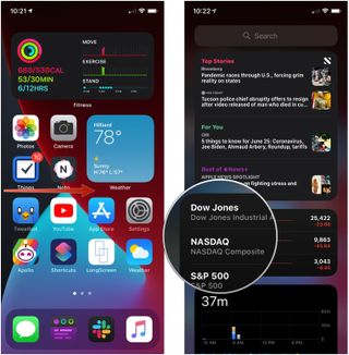 Add widget to Home screen from Today view, showing how to swipe right on the Home screen to open the Today view, then tap and hold the widget you want to move