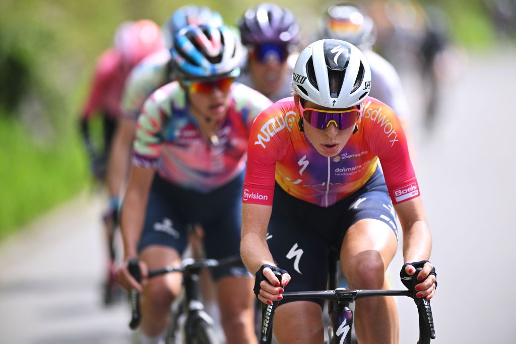 HUY BELGIUM APRIL 19 Demi Vollering of The Netherlands and Team SD Worx competes in the breakaway during the 26th La Fleche Wallonne Feminine 2023 a 1273km one day race from Huy to Mur de Huy UCIWWT on April 19 2023 in Huy Belgium Photo by David StockmanGetty Images