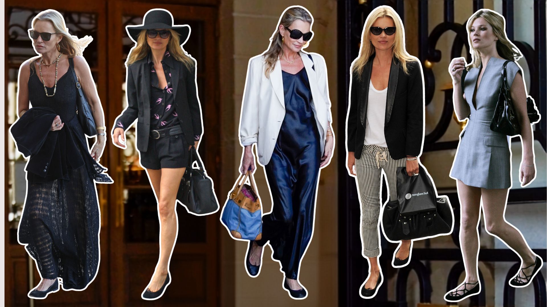 An image of Kate Moss wearing ballet flat outfits throughout the years. 