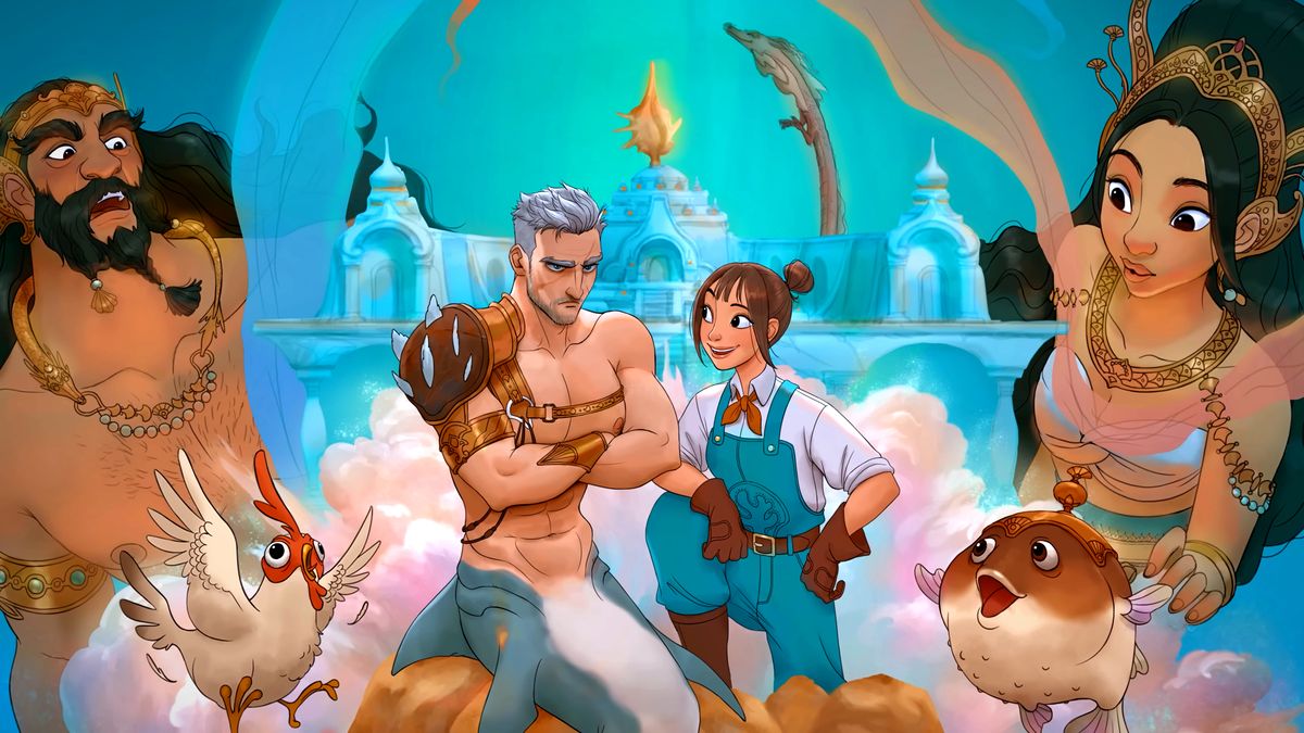 Coral Island 1.1 update art showing a young female farmer with tied-back brown hair standing happily beside an older merman while merfolk and sea creatures surround them