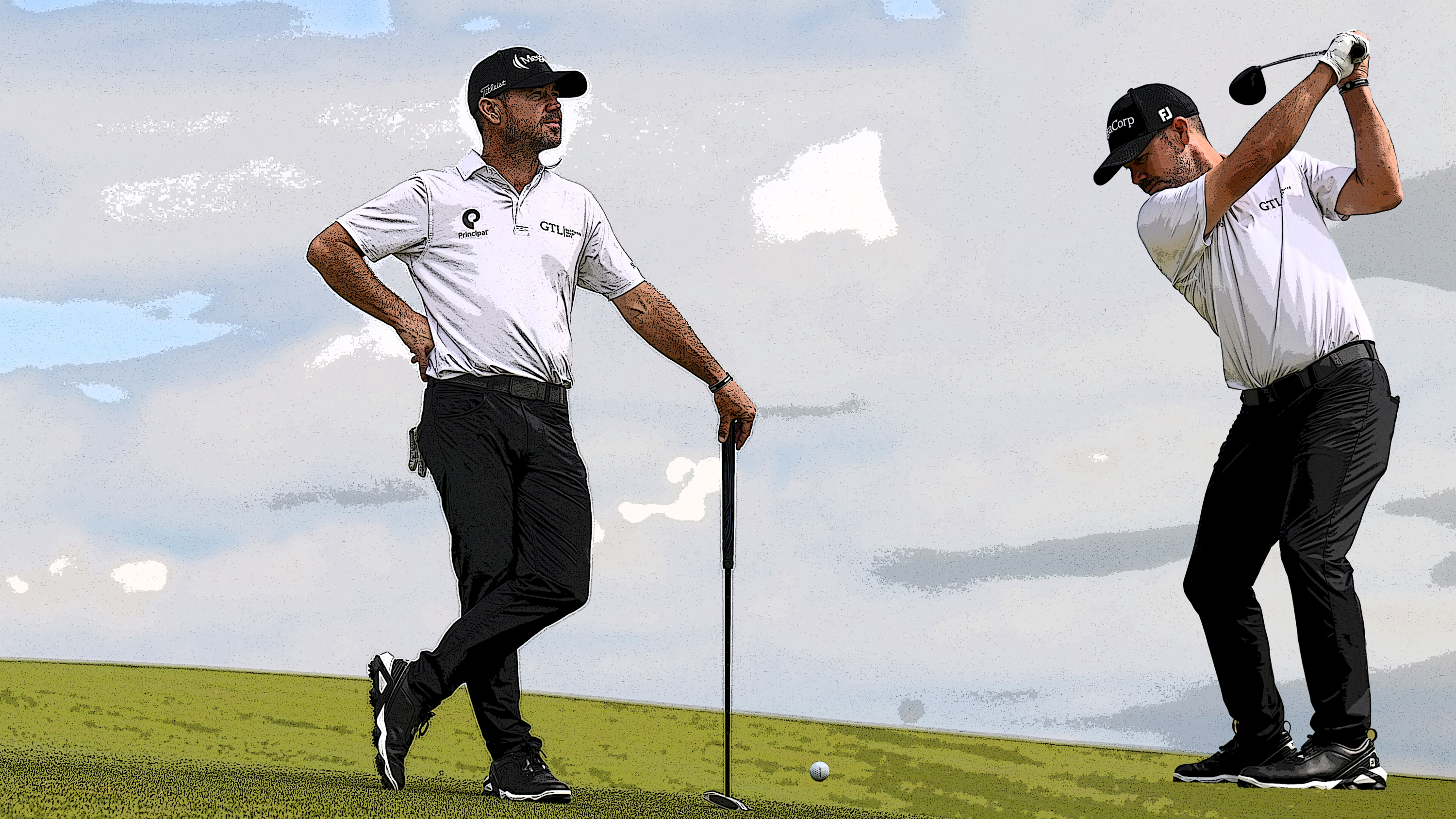 Two images of Brian Harman, one of him at the top of his backswing about to hit a shot at Royal Portrush during the 153rd Open Championship, and one with him looking forward while resting on his putter at the Open