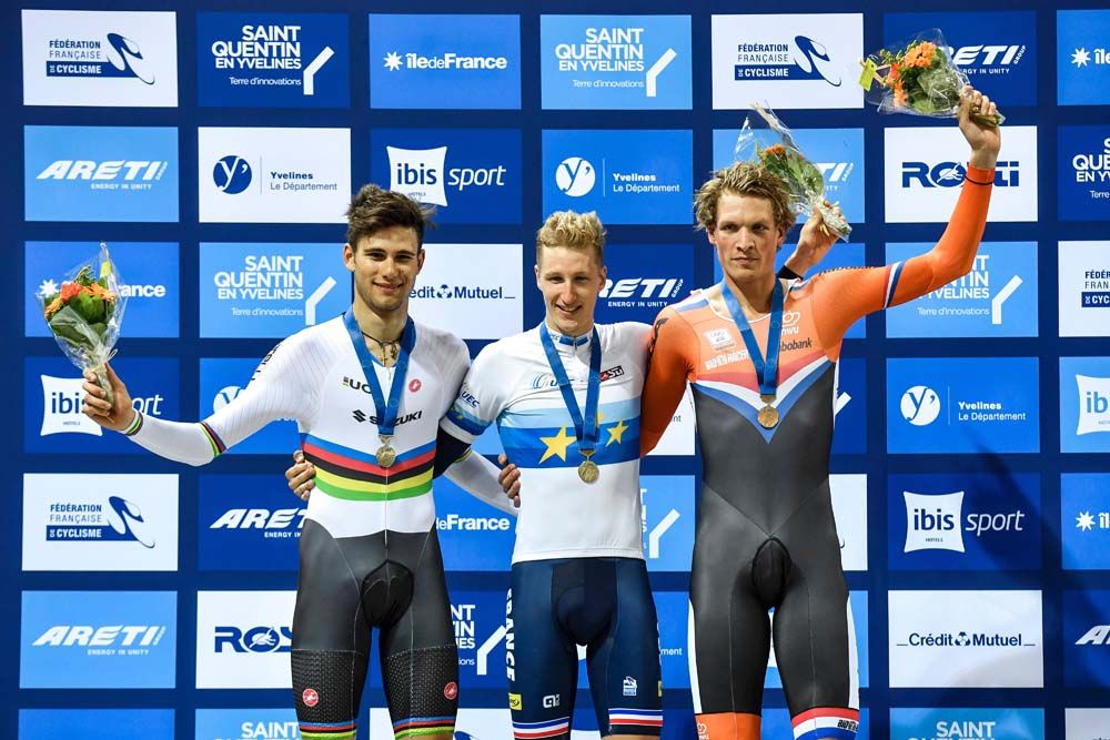 Corentin Ermenault on the podium at the European track championships