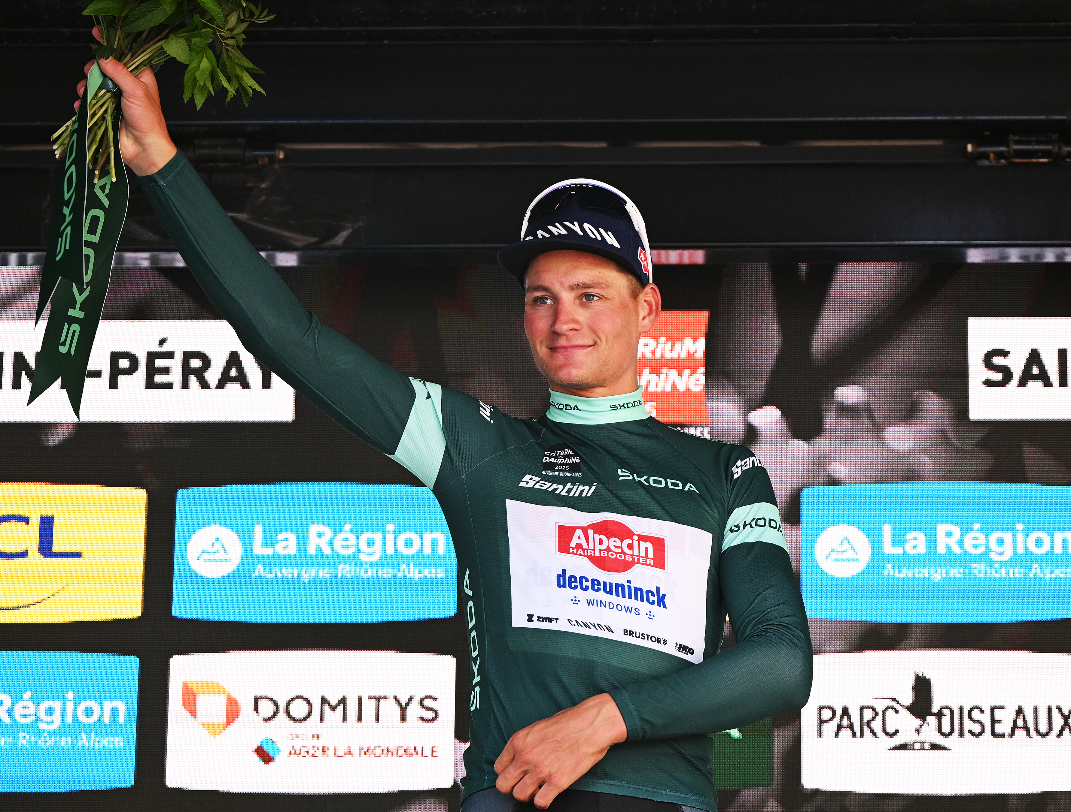 SAINT-PERAY, FRANCE - JUNE 10: Mathieu van der Poel of Netherlands and Team Alpecin - Deceuninck celebrates at podium as Green Points Jersey winner during the 77th Criterium du Dauphine 2025, Stage 4 a 17.4km individual time trial stage from Charmes-sur-Rhone to Saint-Peray / #UCIWT / on June 10, 2025 in Saint-Peray, France. (Photo by Dario Belingheri/Getty Images)