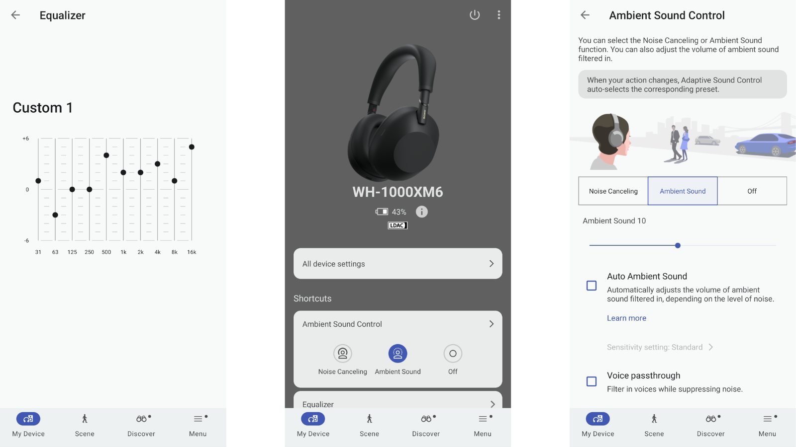 Screenshots of Sony Sound Control app showing EQ and ANC controls