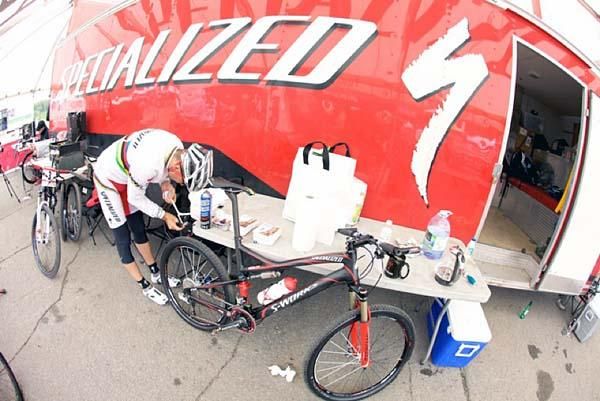 Getting ready at the team truck in Mont Sainte Anne, Canada