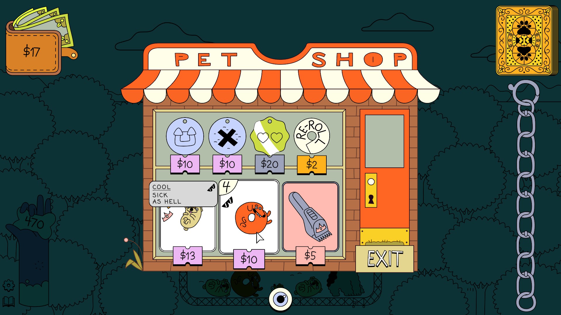 Dogpile screenshot of the Pet Shop where you can buy new cards or dog tags