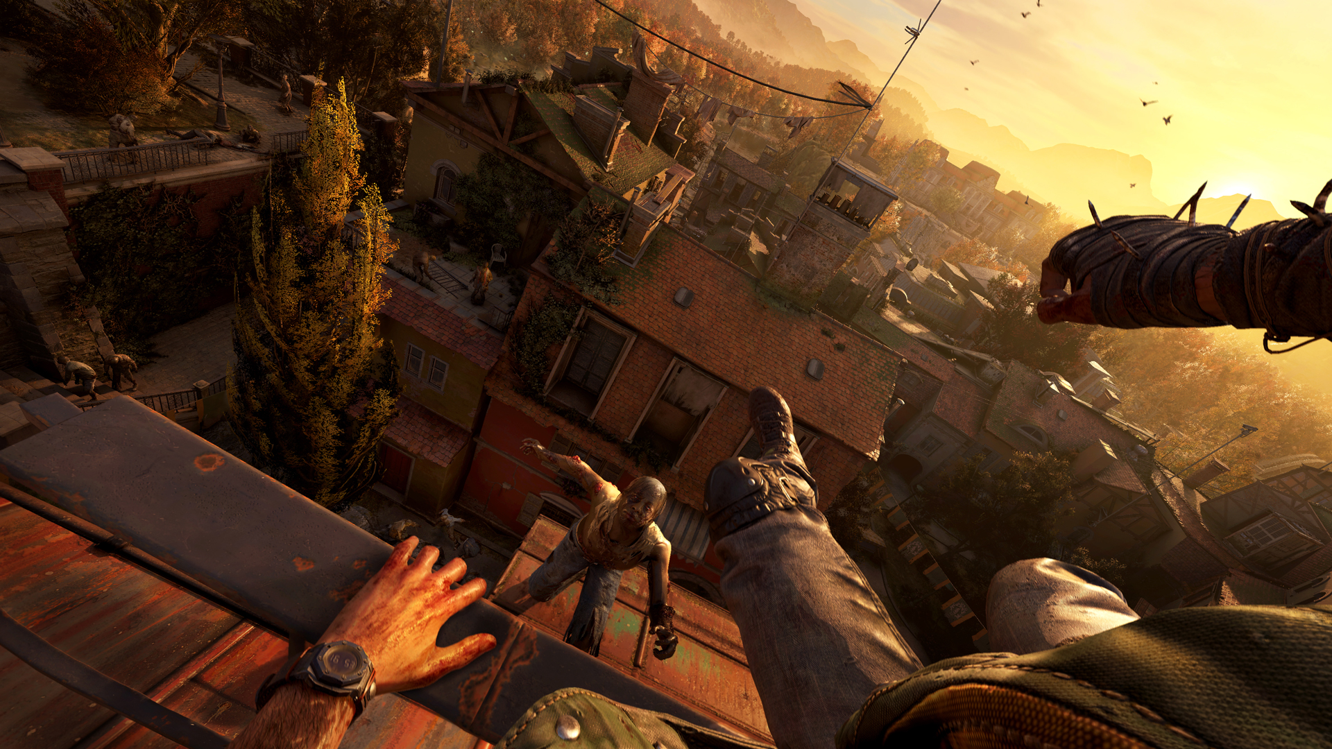 Dying Light: The Beast screenshot of Kyle Crane drop kicking zombies off a roof