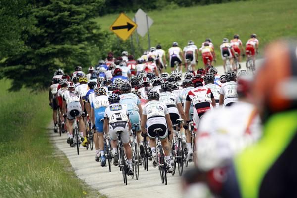 The peloton makes its way along the road of Beauce's countryside during stage two.