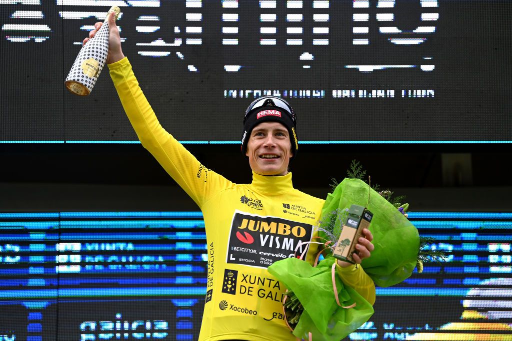 RUBI ALTO DO CASTELO SPAIN FEBRUARY 25 Jonas Vingegaard of Denmark and Team JumboVisma Yellow Leader Jersey celebrates at podium during the 2nd O Gran Camio 2023 Stage 3 a 127km stage from Esgos to Rubi Alto do Castelo 840m Stage shortened due to bad weather conditions OGC23 on February 25 2023 in Esgos Spain Photo by Tim de WaeleGetty Images