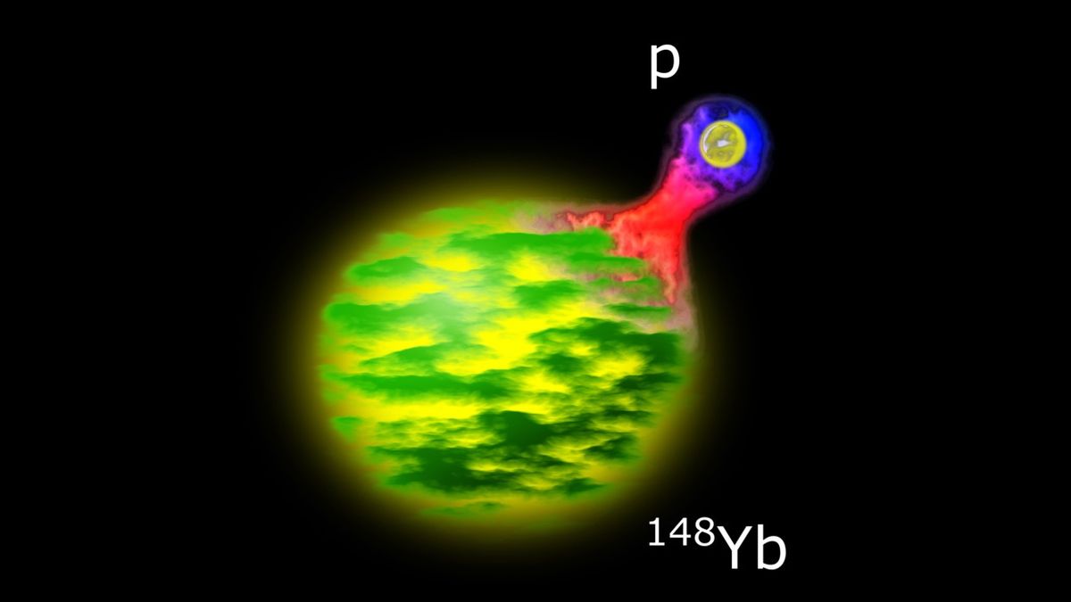 This artist&#039;s impression shows the decay of a lutetium-149 nucleus into a ytterbium-148 nucleus and a proton.