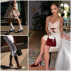 A collage of street style images of women wearing slingback heels, Altuzarra Fall 2024 slingback heels, Katie Holmes wearing a green skirt, gray sweater, and black slingback heels, and Jennifer Lopez wearing a pink slip dress and red slingback heels